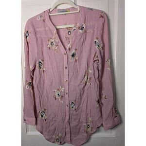 Figuerca & Flower Woman's Embroidered Pink Flower Button Up Blouse PXL(737)
